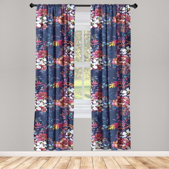 Aquarelle Bloom Window Curtains, Colorful Modern Flowers Silhouettes with Dreamy Leaves Artwork, Lightweight Decor 2-Panel Set with Rod Pocket, Pair of - 28"x95", Quartz Coral Multicolor, by Ambesonne