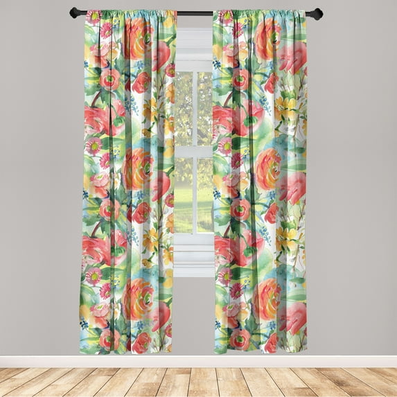 Aquarelle Floral Window Curtains, Watercolor Garden Colorful Flowers with Leaves Greenery Art, Lightweight Decor 2-Panel Set with Rod Pocket, Pair of - 28"x63", Coral Jade Green Mustard, by Ambesonne