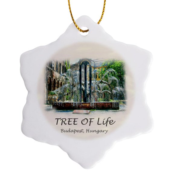 3drose, Aquarelle Painting of Tree of Life Memorial in Budapest, Hungary, 3 inch Snowflake Porcelain Ornament
