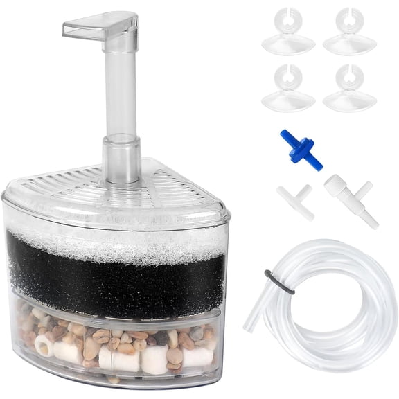 Aquarium Air Driven Corner Sponge Filter for Nano Fish Tank with Tubing, Valves and Suction Cups, up to 20 Gallon