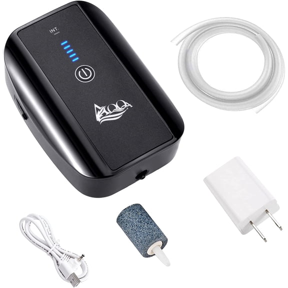 Aquarium Air Pump, Battery Rechargeable Portable Bubbles Oxygen Pump for Fresh & Saltwater Aquariums Tanks with Air Stone, Tube, USB Cable and Adapter (1.7 W for 1-100Gal Tank)