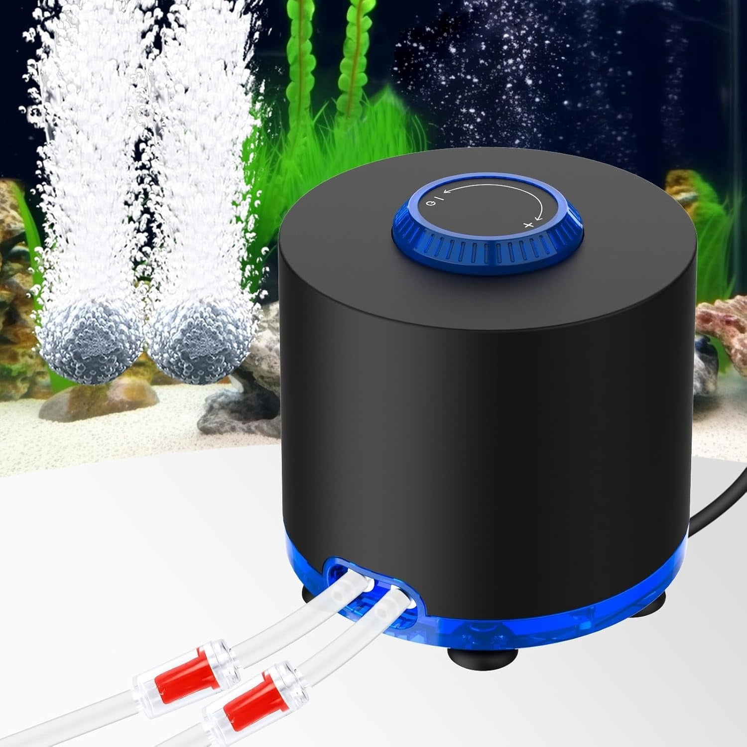 Aquarium Air Pump, Quiet Powerful Fish Tank Air Pump 3W/6W/10W with Stainless Steel Dual Outlet, Adjustable Oxygen Aerator Pump with Air Stone Bubbler for Fish Tank Up to 200 Gallon 10W