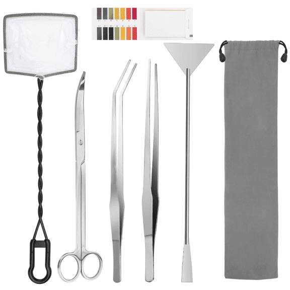 Aquarium Aquascape Tools Kit, 6 in 1 Aquatic Plant Aquascaping Tool Stainless Steel Tweezers Scissors Spatula for Aquarium Tank Clean Tools with Net