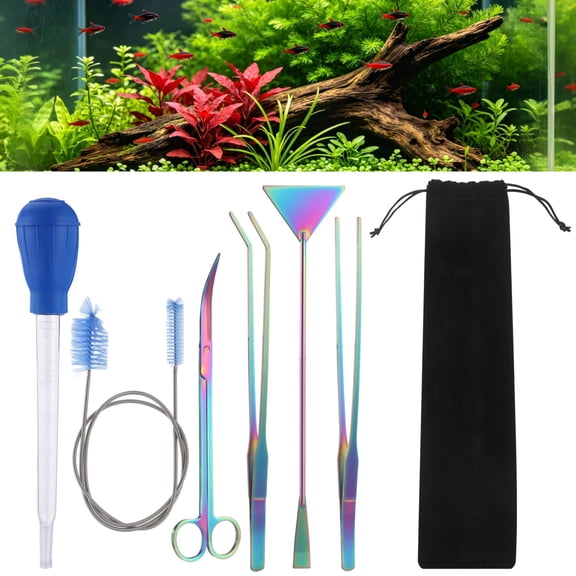 Aquarium Aquascape Tools Kit, 6-in-1 Stainless Steel Aquatic Plant Tools, Includes Curved Scissors, Straight Curved Tweezers, Sand Leveler, Dropper, and Cleaning Brush
