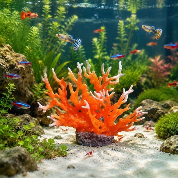 Aquarium Artificial Sea Branch Decoration, Soft Plastic Coral Ornament with Stable Base for Saltwater Fish Tank Decor, Handmade Natural Looking Underwater Landscape Accessory for Aquatic Plants