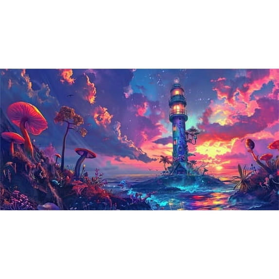 Aquarium Background with Cloud Sky Design, Fantasy Landscape Tapestry Trippy Neon Galaxy Space Fish Tank, Nature Lighthouse Lake Tapestry Wall Hanging Decor for Home
