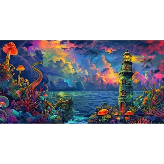 Aquarium Background with Cloud Sky Design, Fantasy Landscape Tapestry Trippy Neon Galaxy Space Fish Tank, Nature Lighthouse Lake Tapestry Wall Hanging Decor