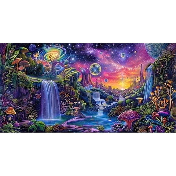 Aquarium Background with Galaxy Space Planet Design, Waterfall Landscape Tapestry Fantasy Mountain Wave Wall Tapestry Mysterious Neon Plants Fish Tank with Mushroom Design