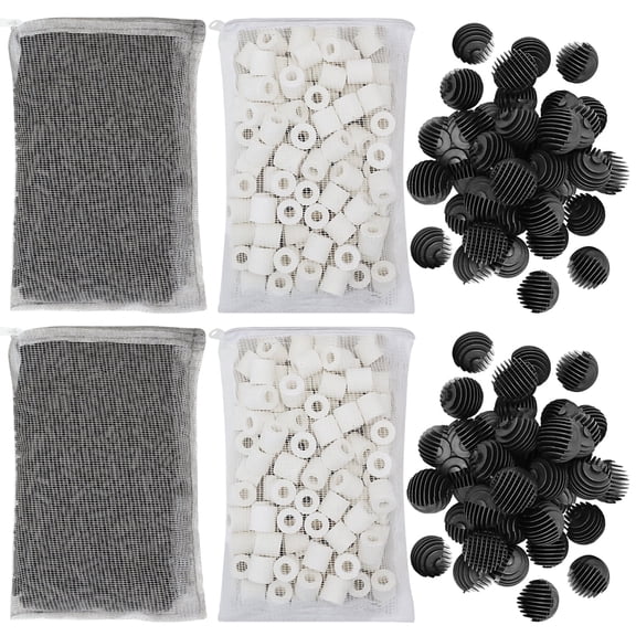 Aquarium Canister Filter Media Biological Fish Tank Filtration Biomedia - Bio Ball Ceramic Ring Activated Carbon for SunSun Canister Aquarium Pond Aquaculture Bacteria House in Nylon Mesh Bag, 2 Set