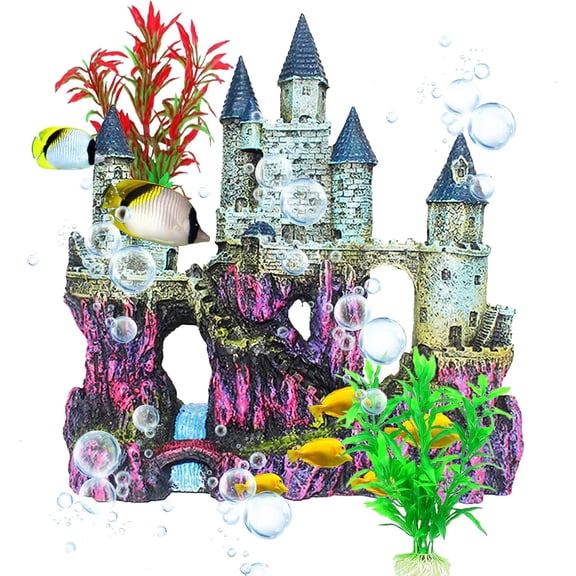 Aquarium Castle Decor, Resin Castle for Fish Tank with Color Plants Decorations for Freshwater and Saltwater Fish Tanks