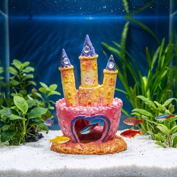 Aquarium Castle Ornament – Fantasy European Pink & Gold Resin Fish Tank Decor with Hollow Hiding Spaces for Freshwater, Saltwater, Betta Tanks and Terrariums
