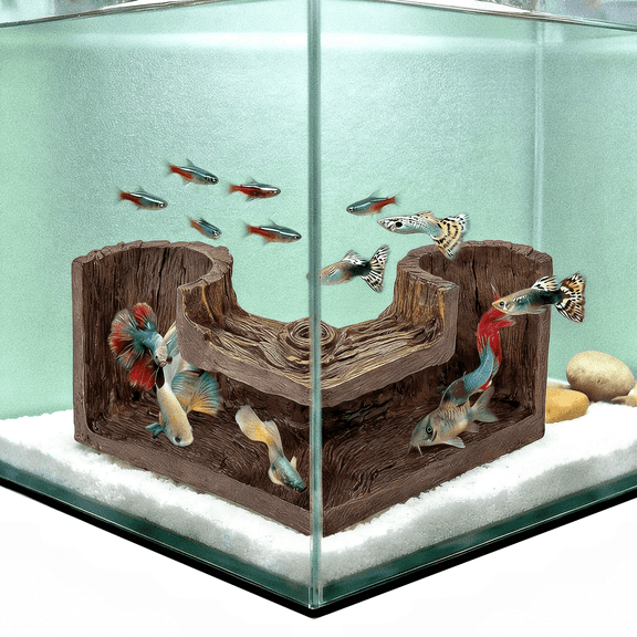 Aquarium Cave - Natural Resin Wood-Like Fish Tank Decor 5.1 x 2 x 2.7 Safe Betta Hide & Tunnel for Guppy, Neon Tetra, Corydoras Catfish - Stackable Corner Ornament