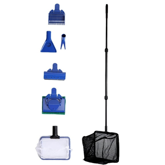 Aquarium Cleaning Kit, Fish Tank Cleaning with 6 Accessories, Aquarium Glass Cleaner with Telescopic Handle Fishing Net Algae Scraper Aquatic Clip FishTank Brush Aquarium Net Gravel Rakee