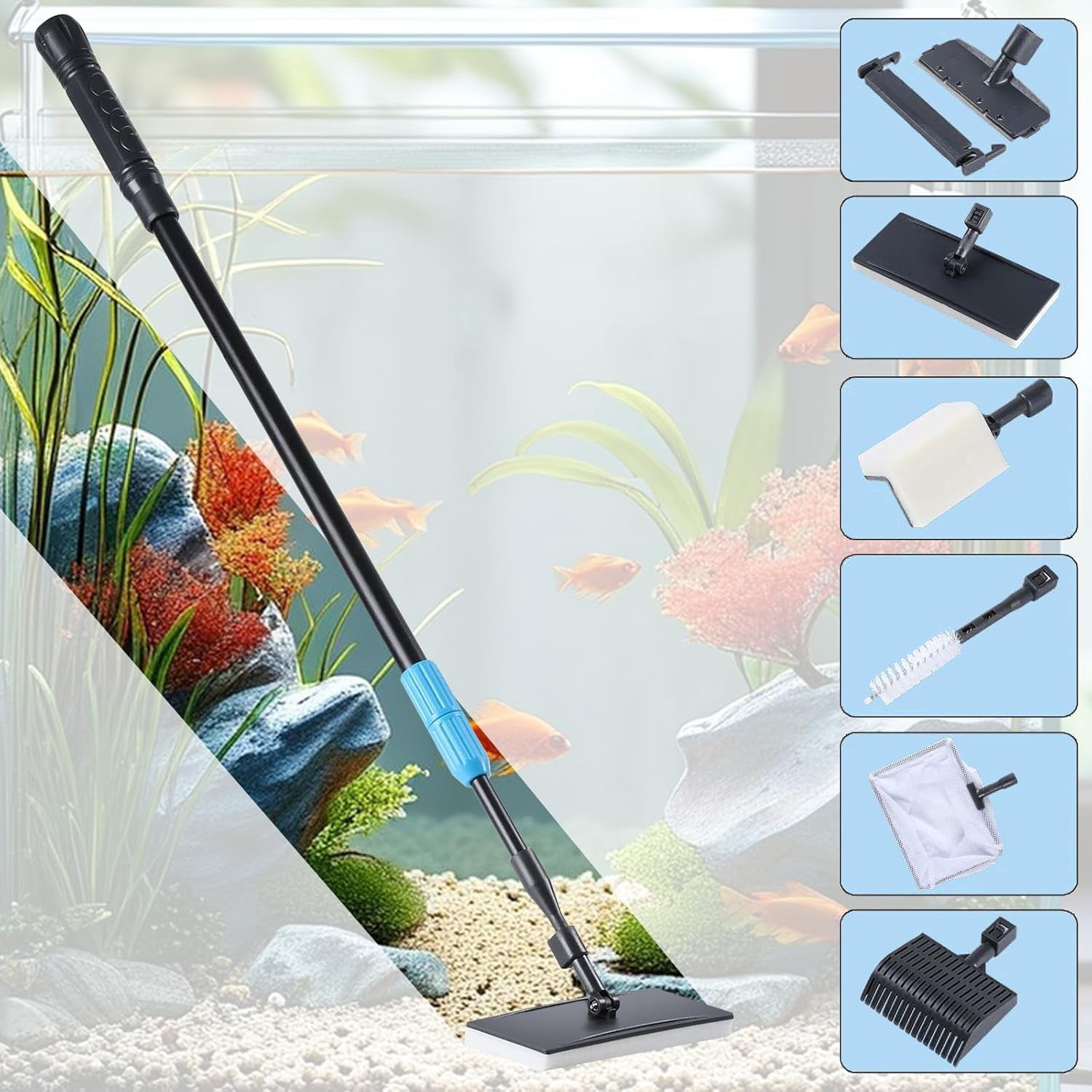 Fish Tank Rake Aquarium Cleaning Tool Kit with Telescopic Long Handle, Algae Scraper ...