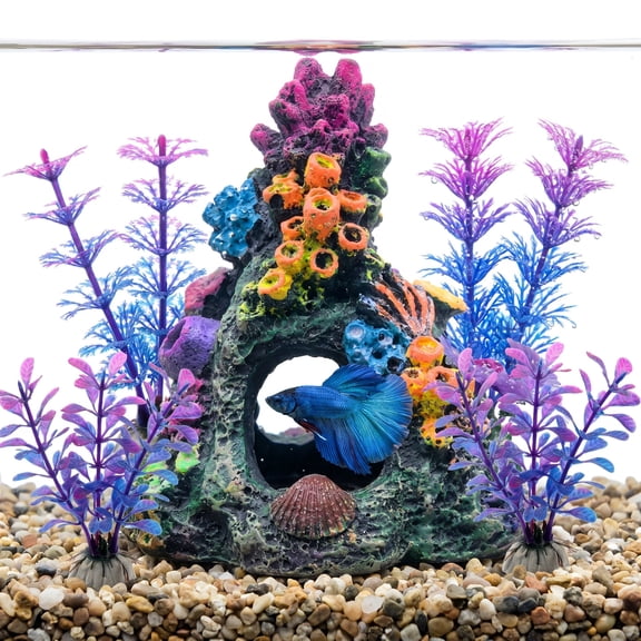 Aquarium Colorful Coral Reef Set Fish Tank Decoration Mountain Ornament for Aquarium Environments Decor Accessories, Coral Mountain x 1, Aquatic Plant x 4