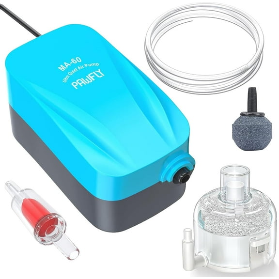 Aquarium Compact Air Pump for 3-20 Gallon Buckets and Fish Tanks Quiet Oxygen Aerator Pump with Air Stone, Nano Bio Sponge Filter, Airline Tubing and Check Valve Accessories
