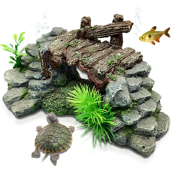 Aquarium Decor, Betta Fish Tank Accessories with Plants, Turtle Tank Decorations, Large Aquarium Ornaments, Fish Hideout, Decorative Accessories for Freshwater & Saltwater Tanks (Grass Bridge)