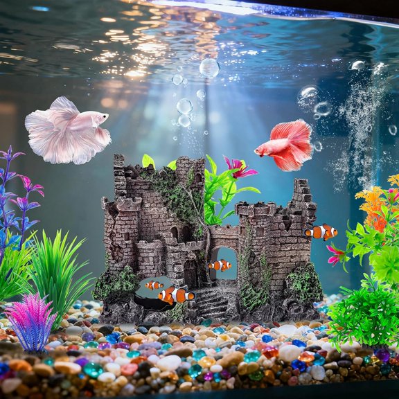 Aquarium Decor Castle Fish Tank Bubbler Set with Plants for Aquatic Pets