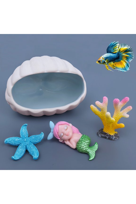 Aquarium Decor Hideout Cave 4Pack Kit, Shell Shaped Hideaway House+Cute Mermaid+Artificial Coral+Starfish for Betta Fish, Cichlid, Shrimp, Turtle, Frog, Ceramic Hamster House