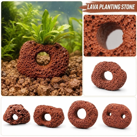 Aquarium Decor, Red Plant Decor Porous Lava Rock for Water Weed Fixation, Large Rocks for Fish Tank with Central 12Mm Planting Ring, Betta Fish Tank Hideout Base Ornament, 2X2X2In