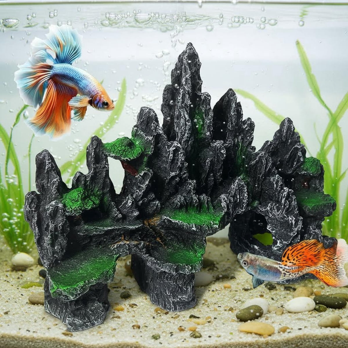 View of Aquarium Decoration - Realistic Rock Décor with House, Caves, Hideouts ...