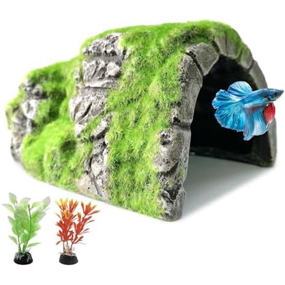 Aquarium Decorations Fish Hideout House Betta Cave with Green Lifelike Moss (Betta Rock Cave)