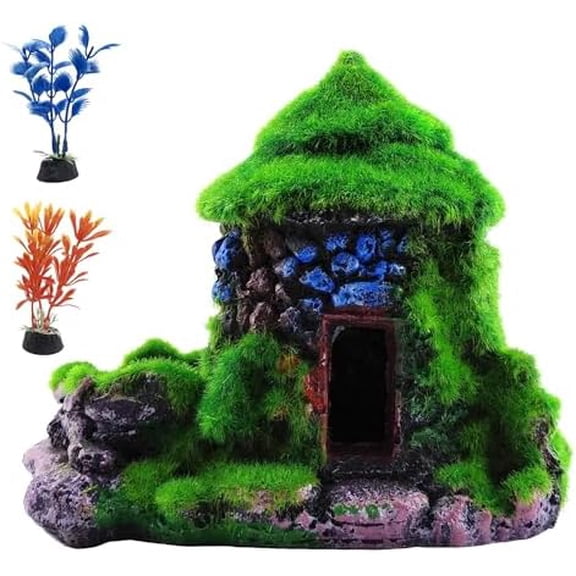Aquarium Decorations Fish Hideout House Betta Cave with Green Lifelike Moss (Style 1)