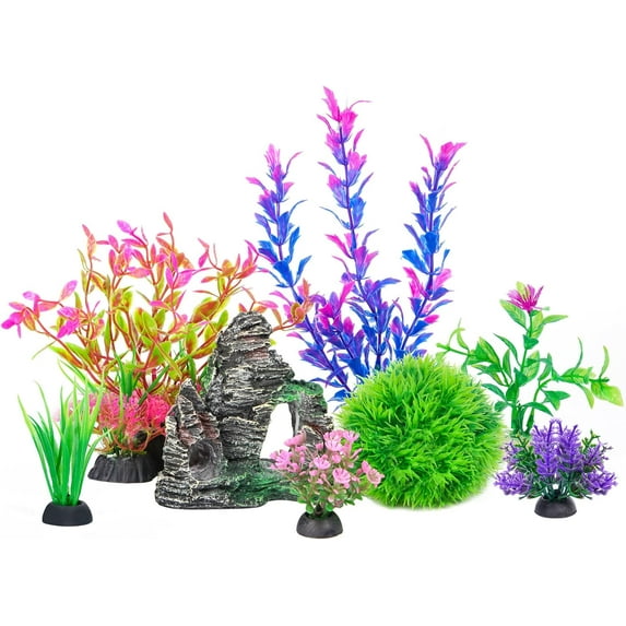 Aquarium Decorations Fish Tank Artificial Plastic Plants & Cave Rock Decor Set, Goldfish Betta Fish Tank Accessories Small Large Fish Bowl Decorations（8 Pieces)