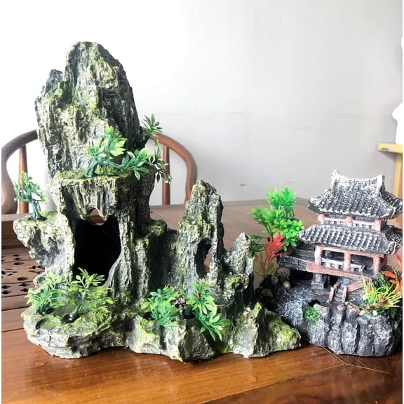 Aquarium Decorations kit - Ancient Temple in The Mountain, Japanese Aquarium Decorations Resin Aquarium Castle Decorations Aquarium Mountain View Stone
