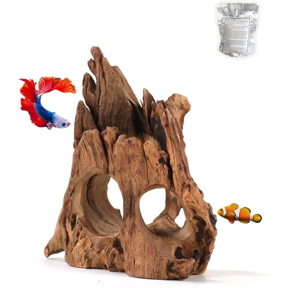 Aquarium Driftwood Cave for Betta Fish Shrimp Hideout, 7-10" Natural Porous Driftwood for Aquascaping with Low Tannins, Fish Tank Decoration Hideaway with Protein Cotton(No Need to Boil)
