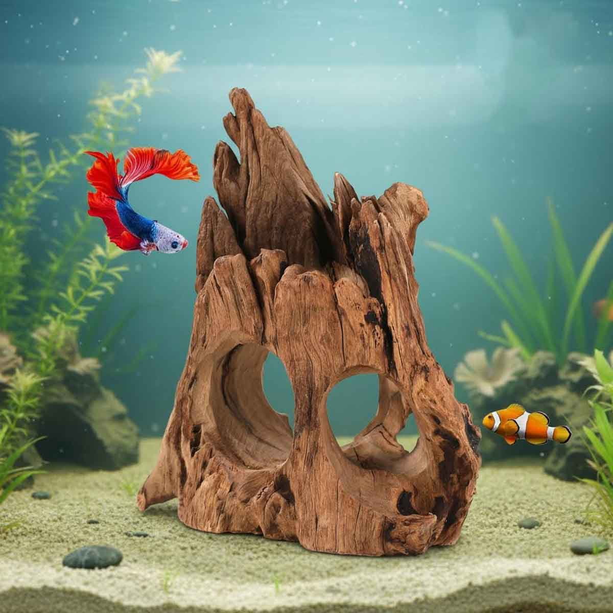 Aquarium Driftwood Cave for Betta Fish Shrimp Hideout, Natural Porous Driftwood for Aquascaping with Low Tannins, Fish Tank Decoration Hideaway with Protein Cotton