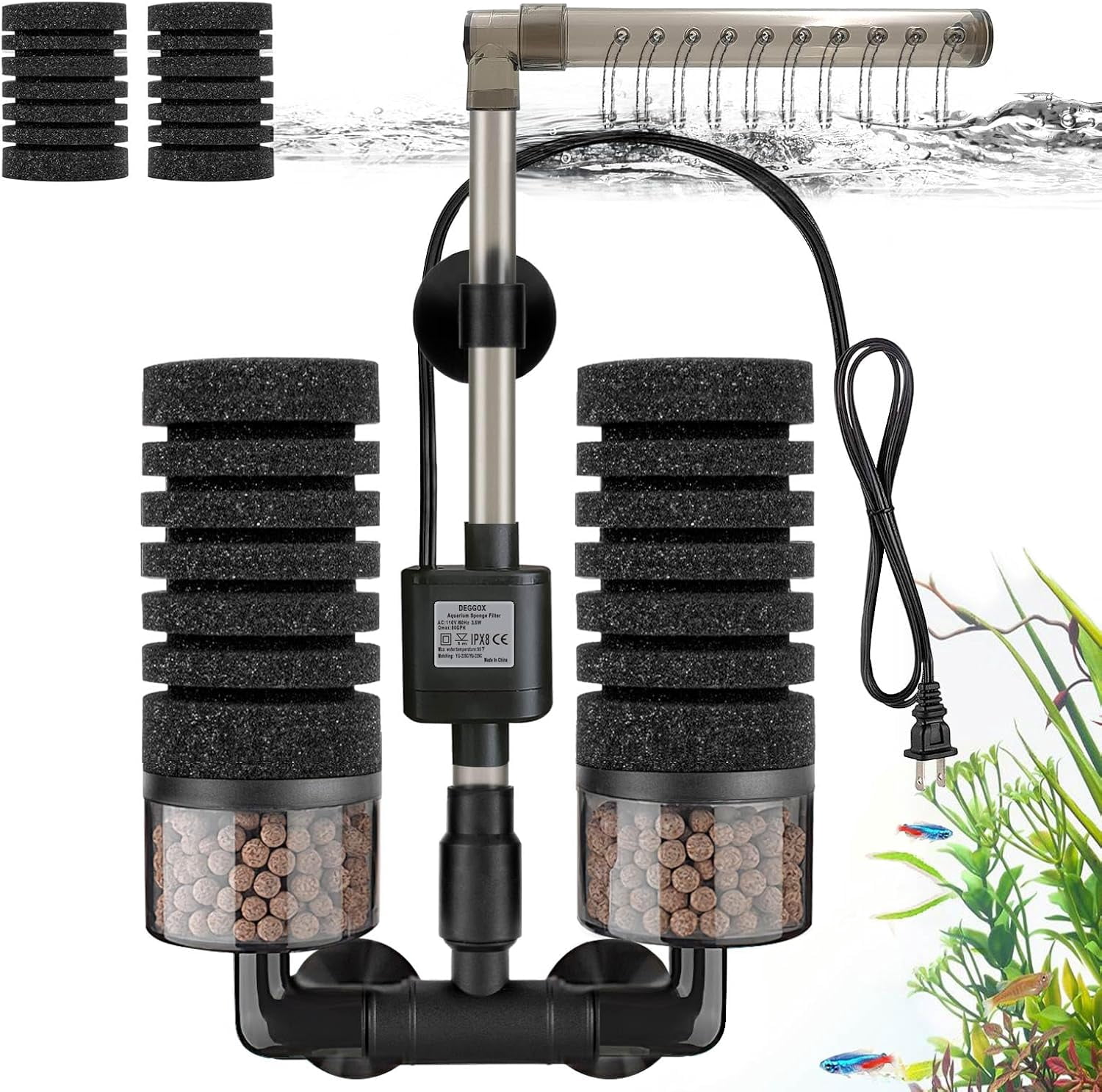 Aquarium Electric Sponge Filter with Submersible Water Pump Silence Motor for Shrimps,Bettas Bio Ceramic Media Balls and 2 Spare Sponge,Venturi Nozzle Rain Mode (S 10-20 Gal)