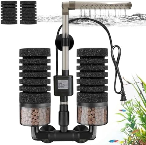 Aquarium Electric Sponge Filter with Submersible Water Pump Silence Motor for Shrimps,Bettas with Bio Ceramic Media Balls and 2 Spare Sponge,Venturi Nozzle and Rain Mode (S for 10-20 Gal)
