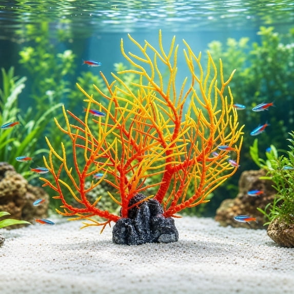 Aquarium Fake Sea Branch Soft Plastic with Base, Realistic Flexible Coral Reef Decoration for Saltwater Tank, Safe Gentle Hideout for Fish Shrimp Betta Aquascaping