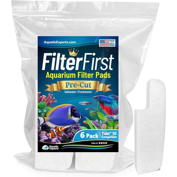 Aquarium Filter Floss for Fish Tank Filters - FilterFirst Aquarium Filter Pad - Media for Crystal Clear Water, (6 Pack, Tidal 55 Compatible)