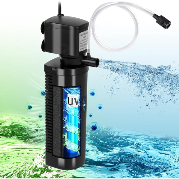 Aquarium Filter U-V for 20-75 Gallon, 200GPH Fish Tank Filter w/ 5W U-V Light Clean Machine Submersible Pump Internal Filter for Turtle Tank Saltwater Freshwater Clear