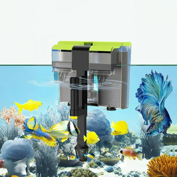 Aquarium Filter U-V Light 3 in 1 Fish Tank Filter, Tawatiler 215 GPH Green Water Cleaning Filter Pump, Double Waterfall 8W Quiet Hang on Filter for 30-60 Gallon Aquariums Saltwater Freshwater