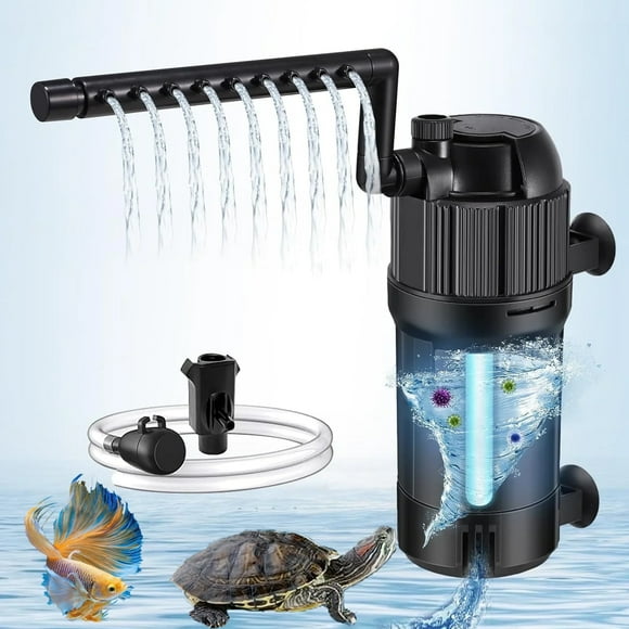 Aquarium Filter U-V Light 5 in 1 Fish Tank Filter, Tawatiler 105 GPH Green Water Cleaning Filter Pump with Timer, Dual Mode (Aeration/Rainfall) for 10-40 Gallon Aquariums (3W U-V 4W Pump)
