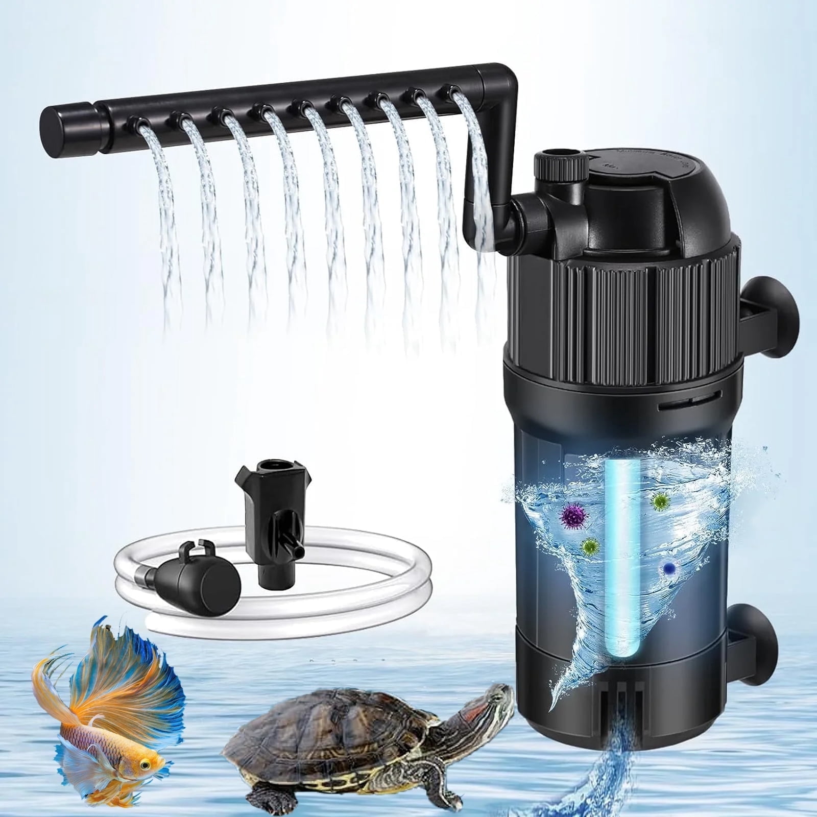 Aquarium Filter U-V Light 5 in 1 Fish Tank Filter, Tawatiler 105 GPH Green Water Cleaning Filter Pump with Timer, Dual M