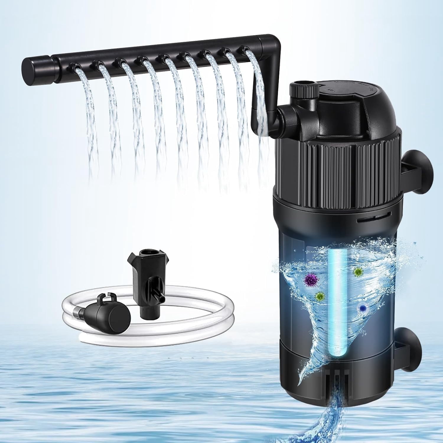 Aquarium Filter U-V Light 5 in 1 Fish Tank Filter, Tawatiler 105 GPH Green Water Cleaning Filter Pump with Timer, Dual Mode (Aeration/Rainfall) for 10-40 Gallon Aquariums (3W U-V 4W Pump)
