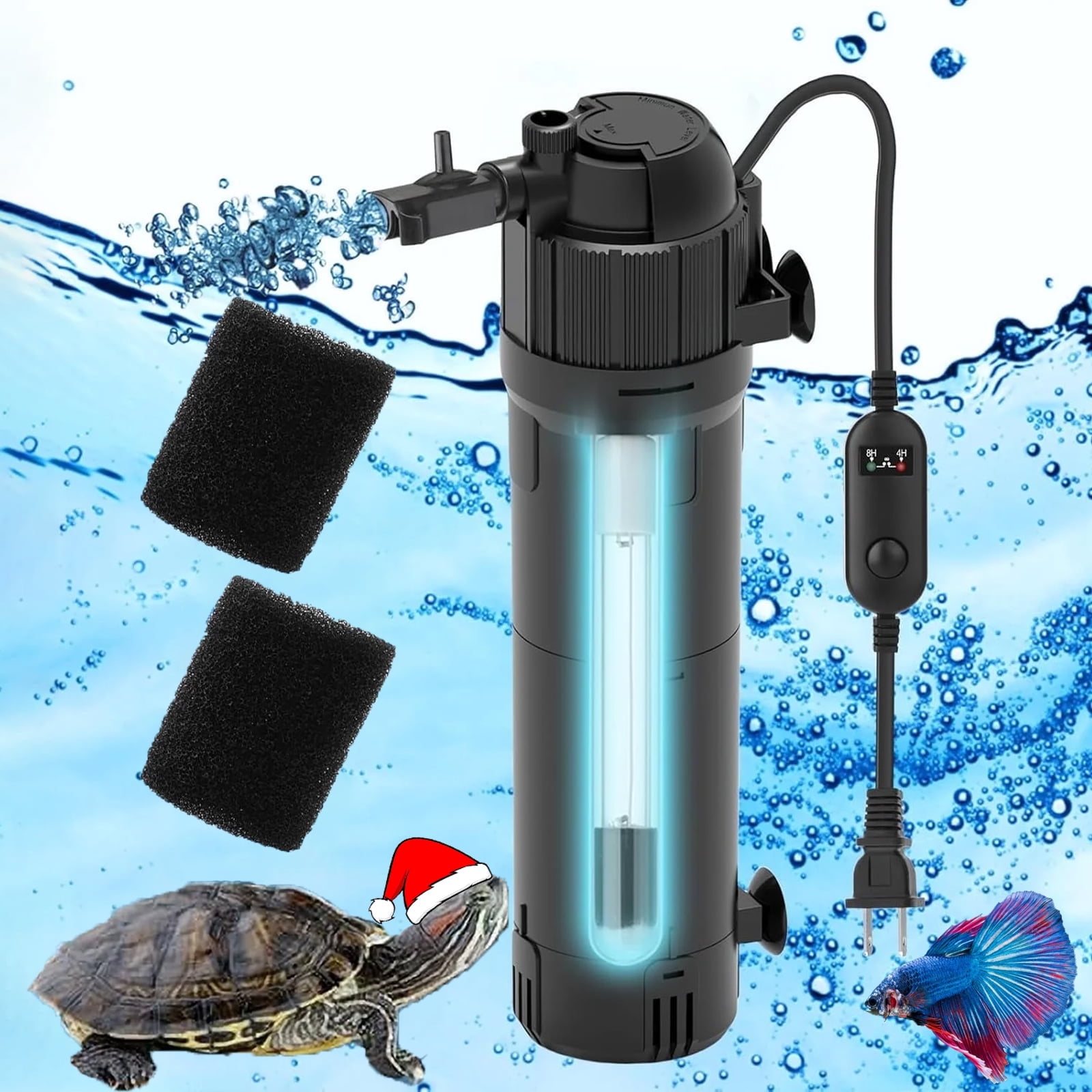 Aquarium Filter U-V Light 5 in 1 Fish Tank Filter, Tawatiler 130 GPH Green Water Cleaning Filter Pump with Timer, Dual Mode (Aeration/Rainfall) for 40-120 Gallon Aquariums (6W U-V+5W Pump)
