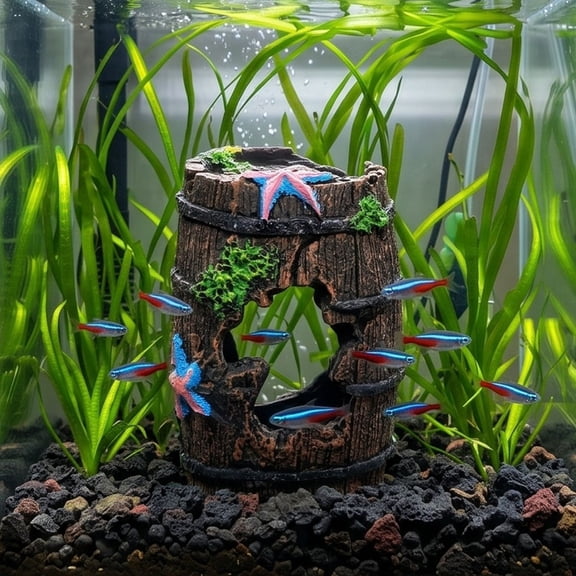 Aquarium Fish Hideout Ornament Vintage Barrel Driftwood Broken Pot Style Reptile Basking Hide Cave Water Resistant Fish Tank Landscape Decor for Turtle Gecko Amphibian Terrarium