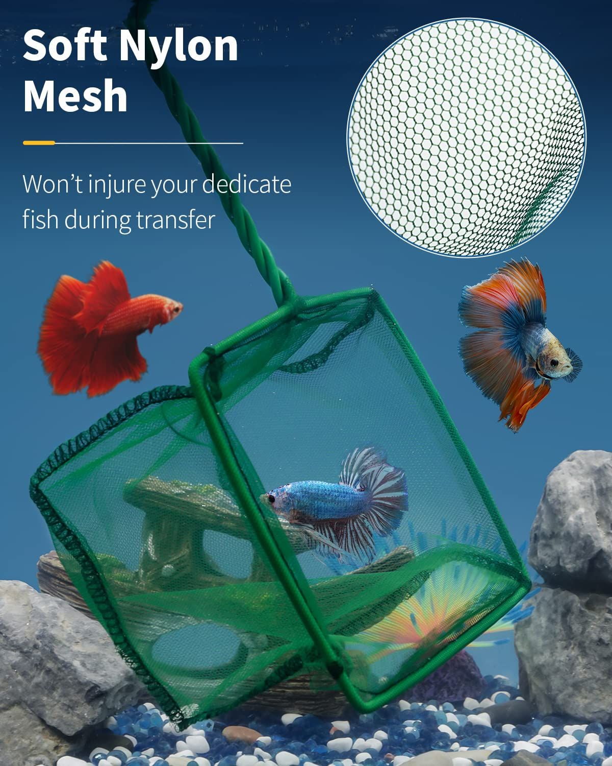 Aquarium Fish Net with Braided Metal Handle Square Net with Soft Fine ...