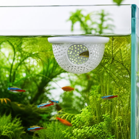 Aquarium Floating Cave with Feeding Ring, Breeding Shelter for Cichlid Betta Fish Shrimp, Hollow Mesh Hideout Ornament, Safe Tank Decor for Small Fish Spawning Play
