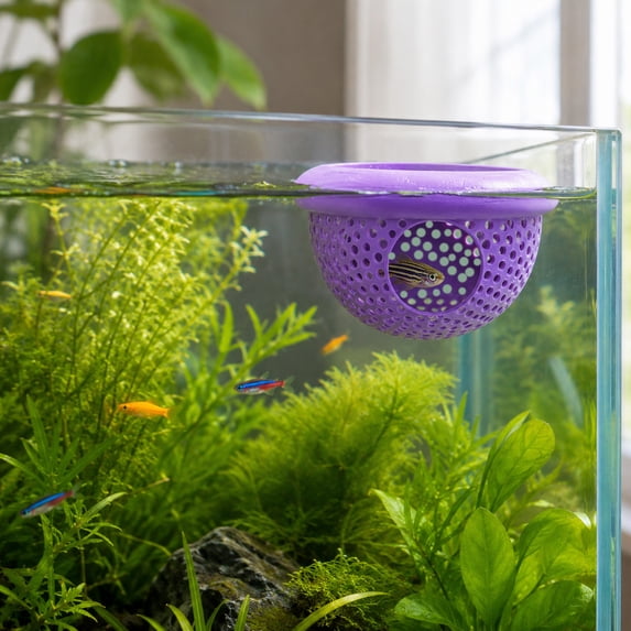Aquarium Floating Cave with Feeding Ring, Breeding Shelter for Cichlid Betta Fish Shrimp, Hollow Mesh Hideout Ornament, Safe Tank Decor for Small Fish Spawning Play