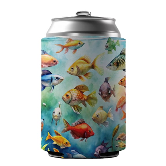 Aquarium Full Of Fish Watercolor Drink Beer Soda Insulated Sleeve Holder Can Cooler Hugger