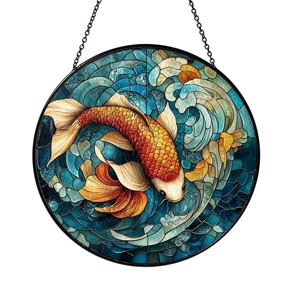 Aquarium Koi Fish Stained Glass Style Suncatcher, Pond Theme Window Hanging Art Decor Panel