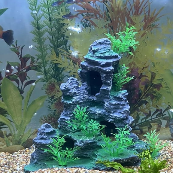 Aquarium Mountain View Stone Ornament, Artificial Mountain Hill View Stone Rock Cave Decorations Fish Tank Decor for Betta Cichlids Hideaway Cave, Hermit Crab Hideout