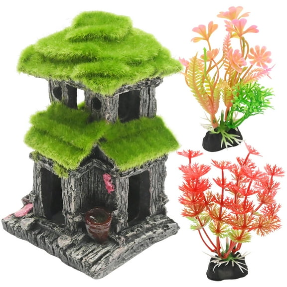 Resin Moss Cave Aquarium Decor, 2 Pcs Faux Plants Included, 3.94×3.35×6.5 inch Fish Tank Landscaping Ornament