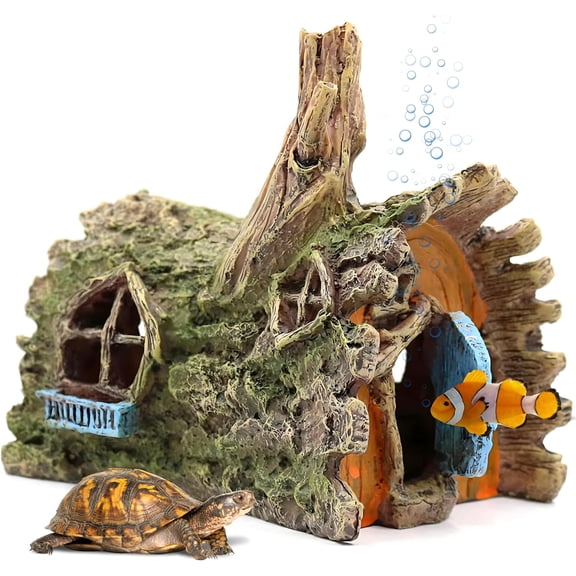 Aquarium Resin Decorations, Tree House Ornament-Tire Scene, Aquarium Decor for Glofish, Betta Accessories, Turtle Hideouts, Aquarium Plants, Ornaments & Fish Tank Accessories (Tree house)